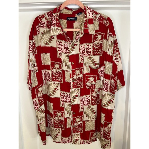 Puritan Other - Puritan Mens Red Tropical Patchwork Hawaiian Shirt Short Sleeve Palm Leaf XXL